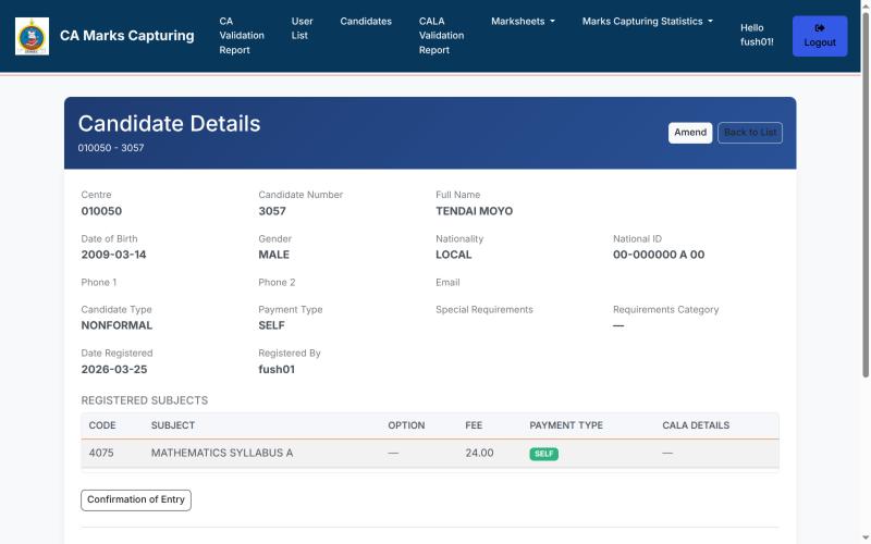 The Candidate Details page showing centre, candidate number, biodata and registered subjects
