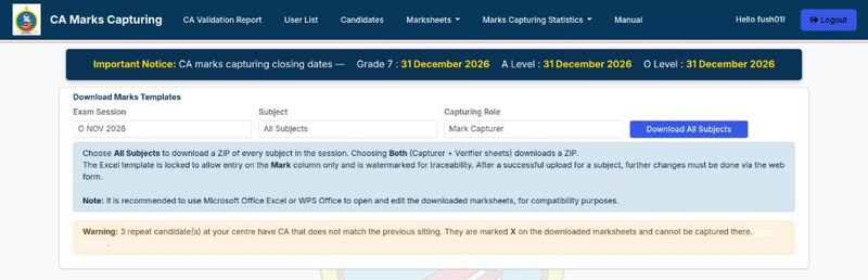 The Download Marks Templates page with session, subject and role chosen, the format note, and a warning that 3 repeat candidates have CA that does not match the previous sitting