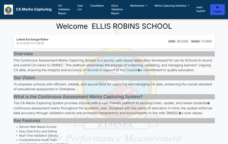 The home page after signing in, showing the menu bar and the welcome message with the centre name