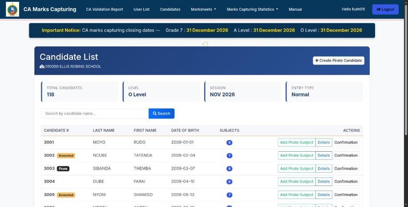 The candidate list with the Create Pirate Candidate button, summary tiles, a search box and the first rows of candidates, each with Add Pirate Subject, Details and Confirmation buttons