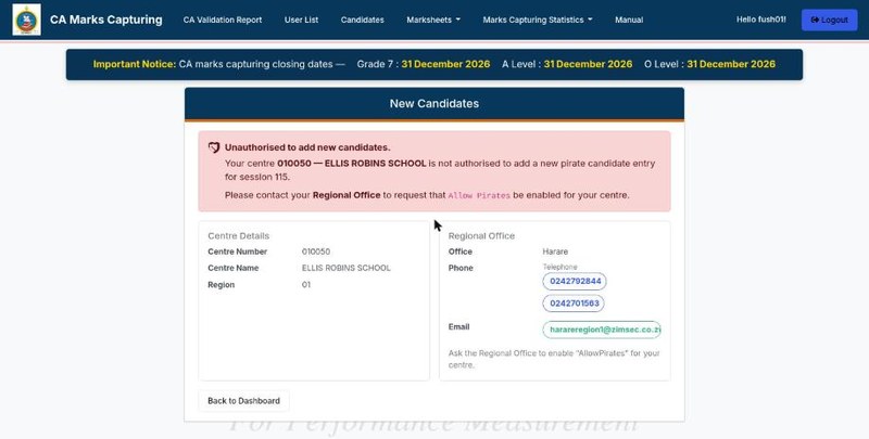 The page shown when a centre without Allow Pirates opens the pirate page, with the centre details and the Regional Office phone numbers and email