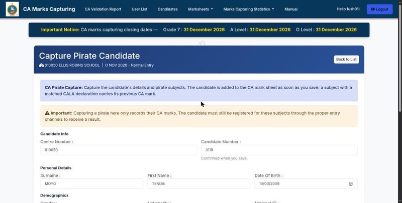 The Capture Pirate Candidate page with the CA Pirate Capture notice, the warning that the candidate must still be registered, and the candidate details form