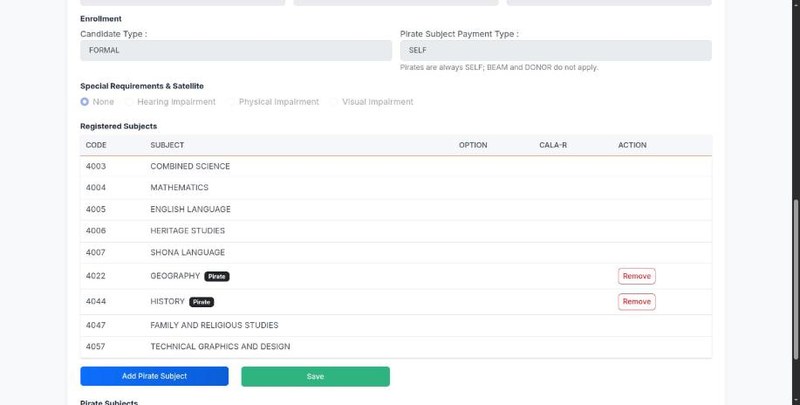 The Add Pirate Subject page for an existing candidate: the SELF payment type, the Registered Subjects table with Geography and History tagged Pirate and a Remove button beside each, and the Add Pirate Subject and Save buttons