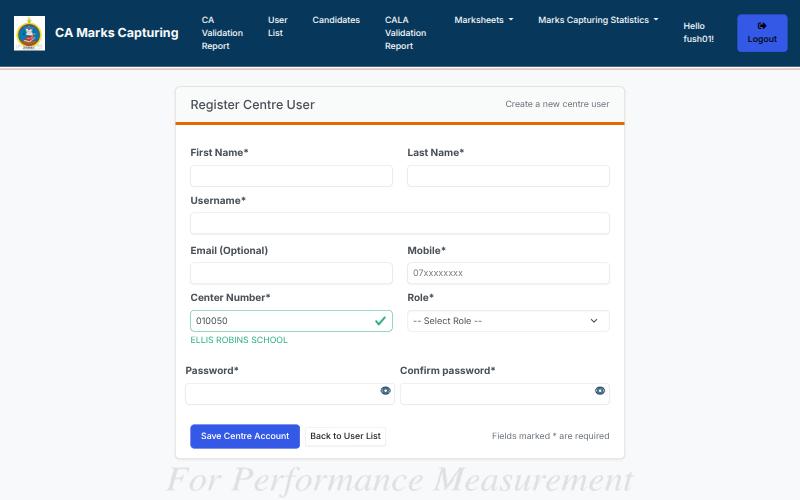 The Register Centre User form