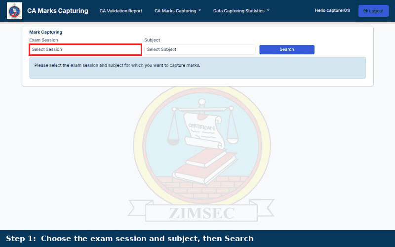 Animated walkthrough: choosing session and subject, searching, and the candidate list with marks typed in