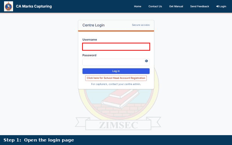 Animated walkthrough: the Centre Login page, typing a username and password, clicking Log in and arriving at the dashboard