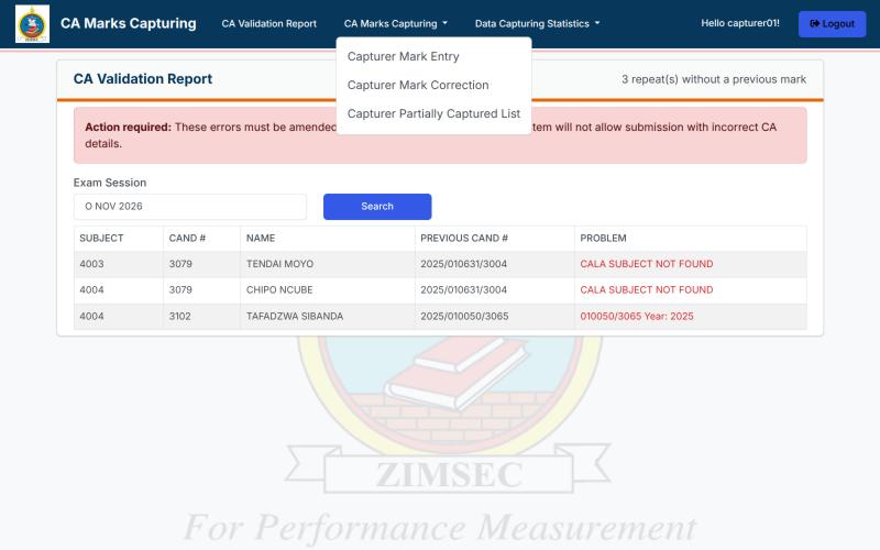 The CA Marks Capturing menu open, listing Capturer Mark Entry, Capturer Mark Correction and Capturer Partially Captured List
