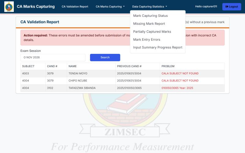 The Data Capturing Statistics menu open, listing five reports