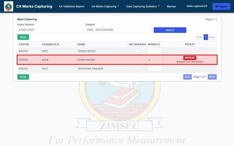 A repeat candidate row shaded red with a dash for the mark and the text Mismatch on name under the REPEAT badge