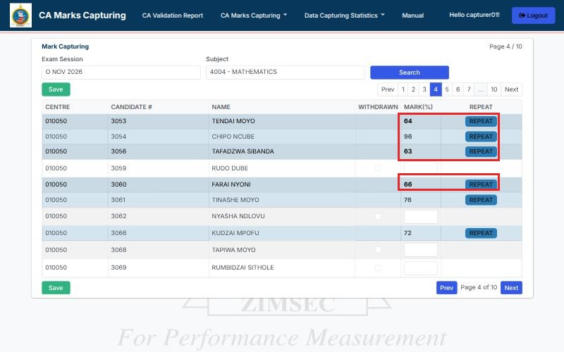 The capture list with repeat candidates shaded blue, previous marks shown in bold and a REPEAT badge, next to ordinary rows with a mark box